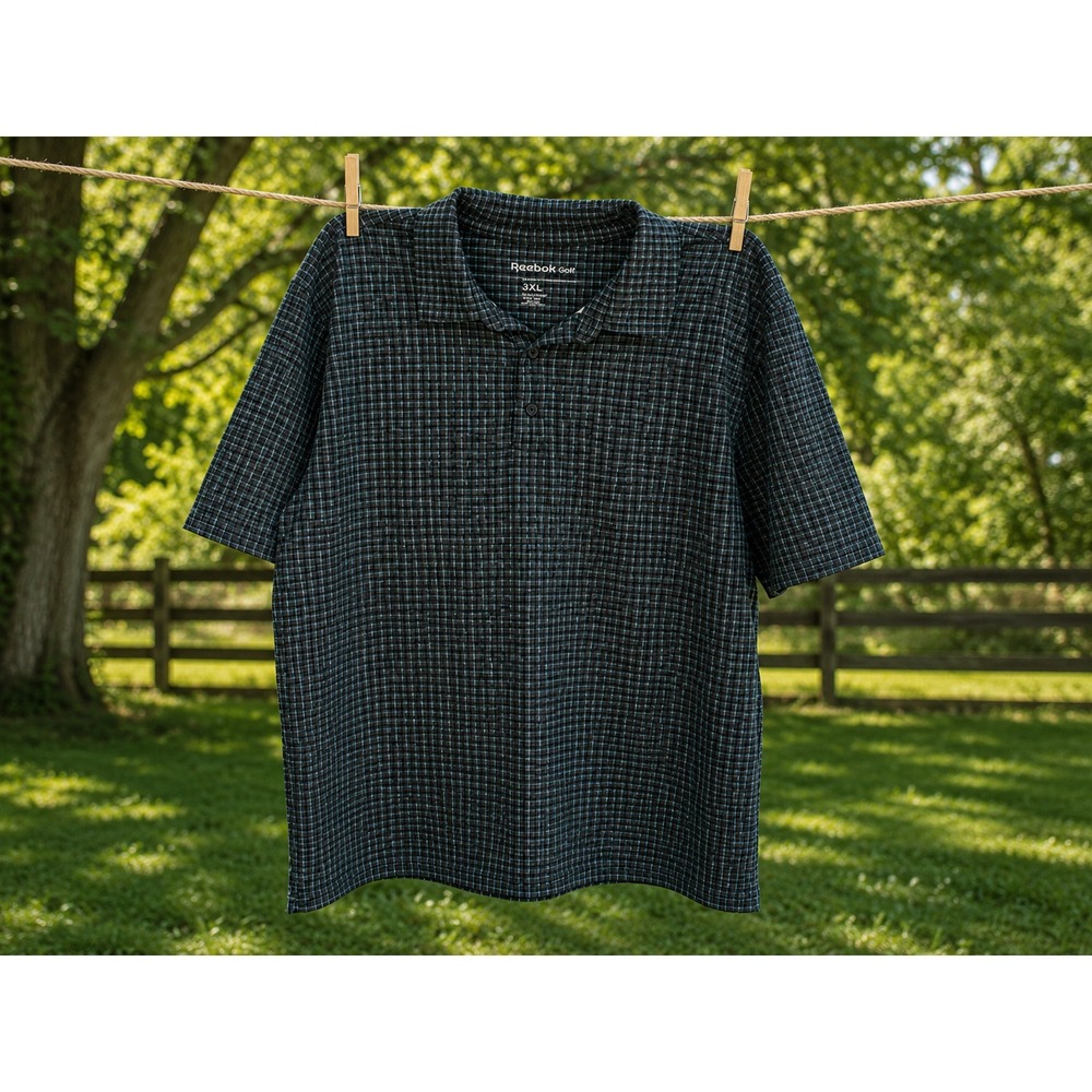 REEBOK Golf Polo Shirt‎ Men's 3XL Black Blue Check Performance Casual Golf Shirt